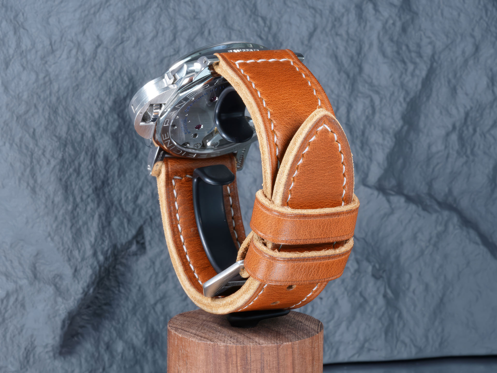 Raw edge detail on a vintage tan leather strap for 47mm Panerai watches.