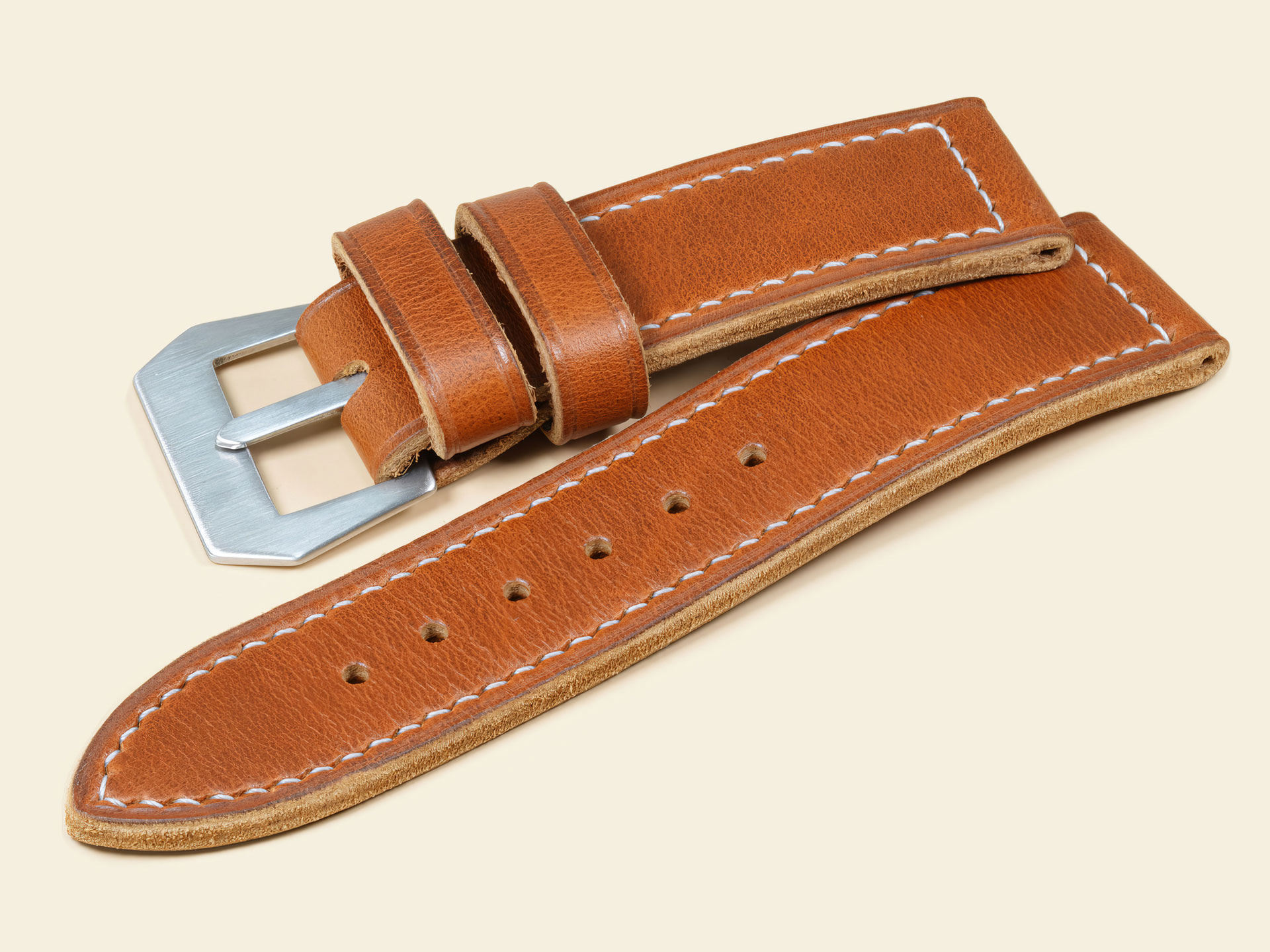 Hand-finished tan leather watch strap designed for vintage 47mm Panerai watches.