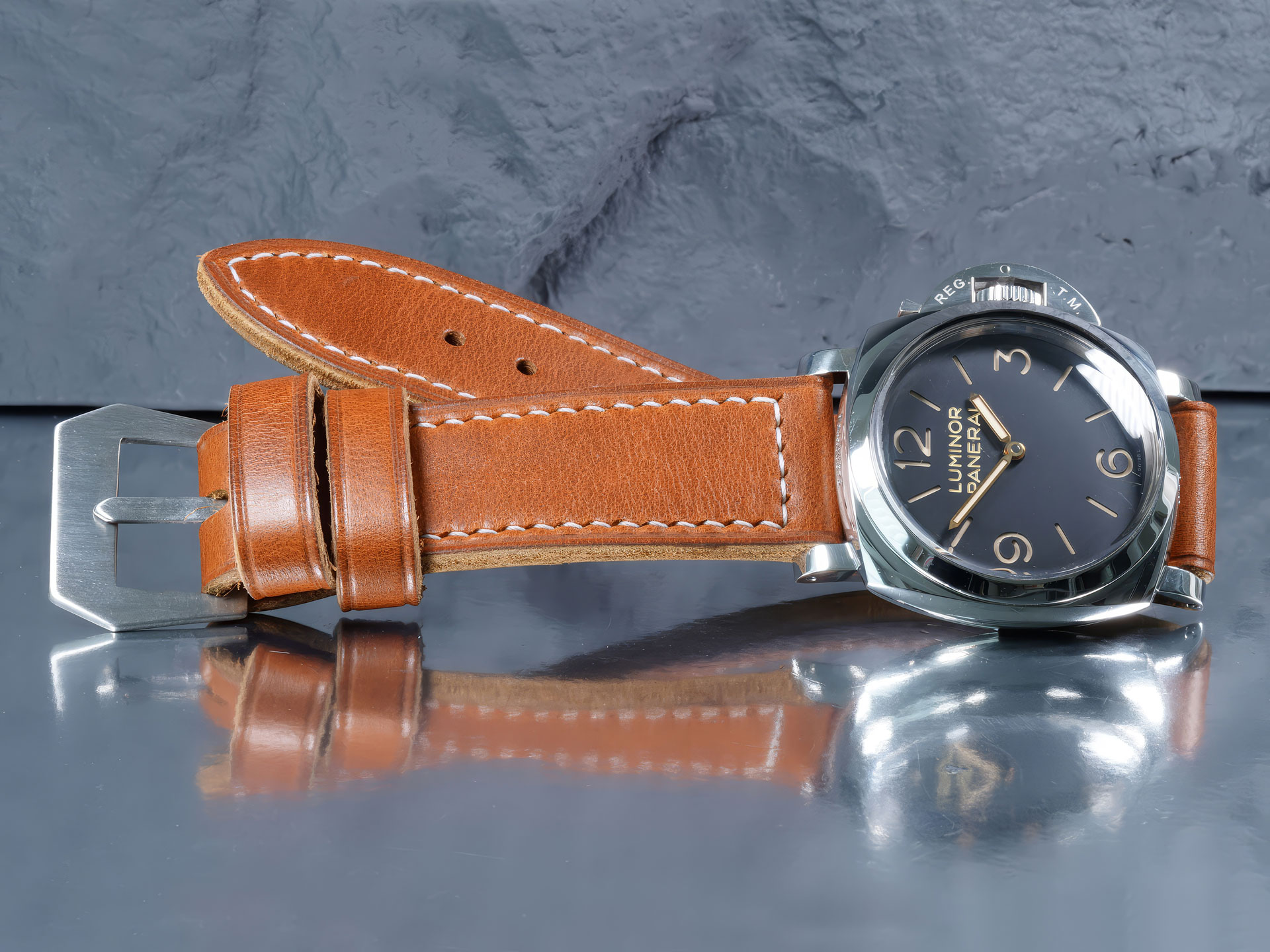 Bespoke tan leather strap crafted for vintage 47mm Panerai Luminor case shapes.