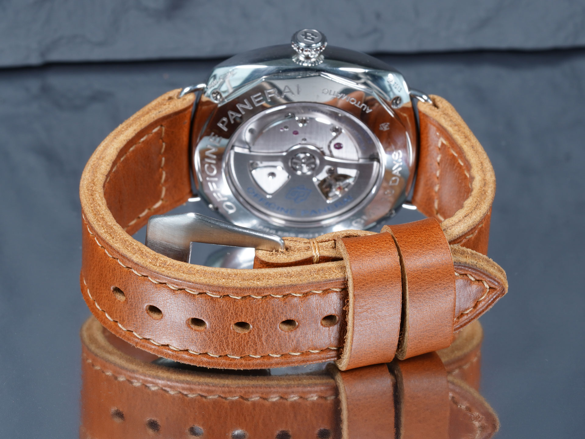 Handcrafted tan leather strap for Panerai Radiomir, full underside view
