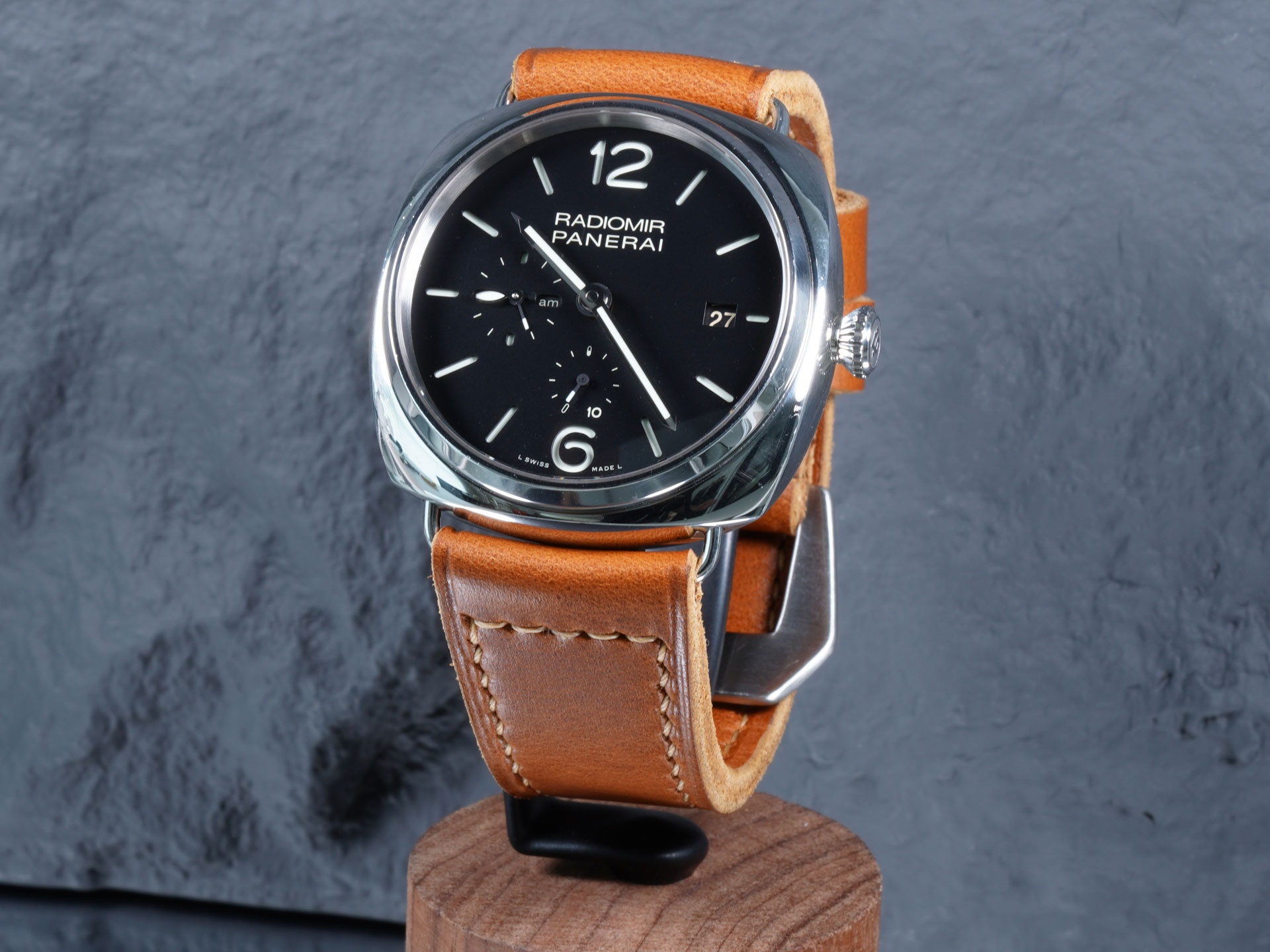 Top-down shot of a thick, tan Panerai Radiomir strap handcrafted by Marcello Straps