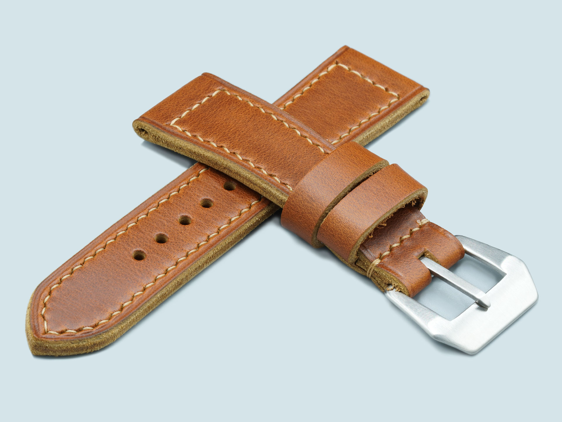 Thick tan leather strap built for Panerai Radiomir cases, buckle end detail