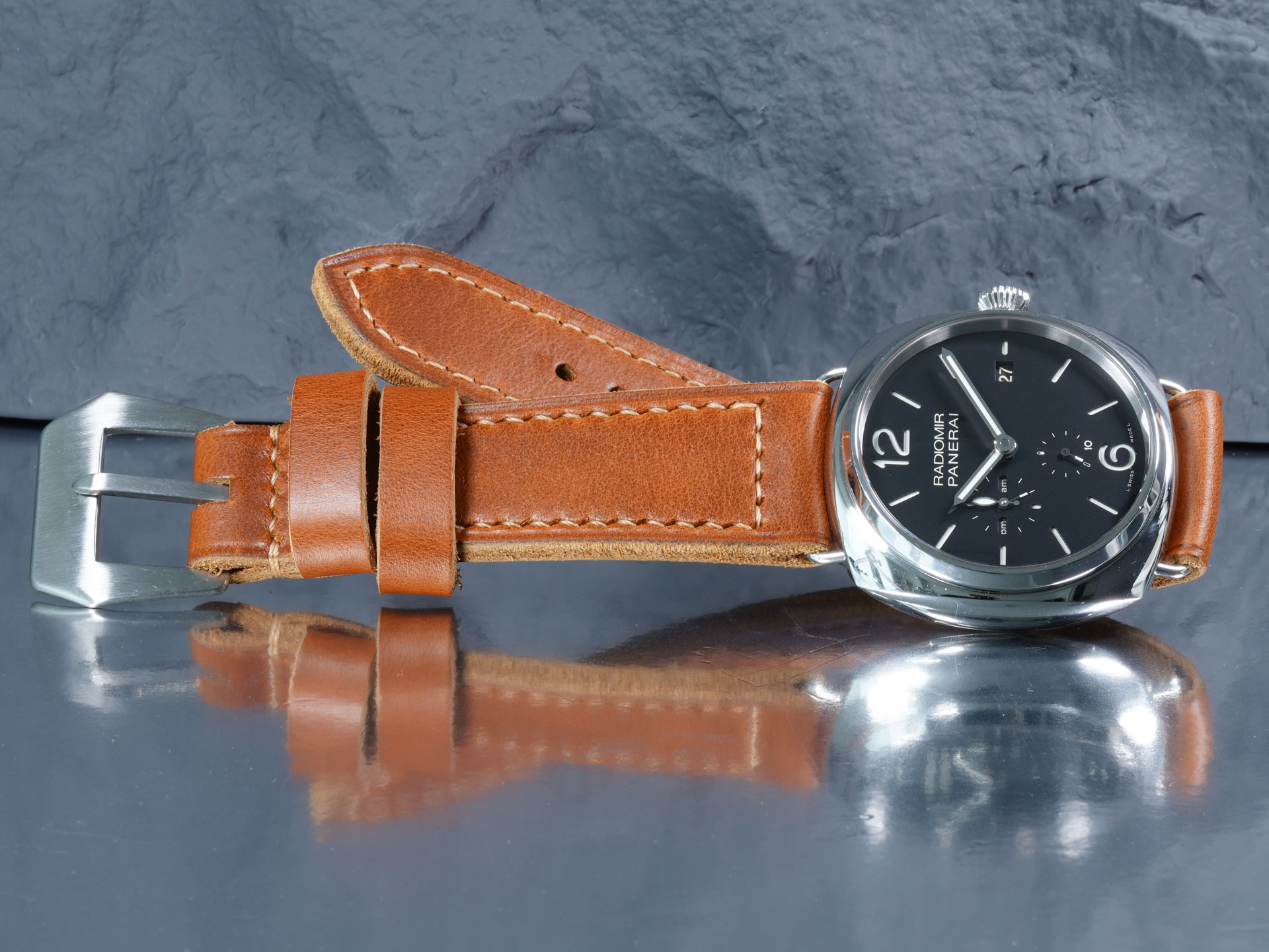 Close-up of the sewn vintage buckle on this classic Panerai Radiomir strap