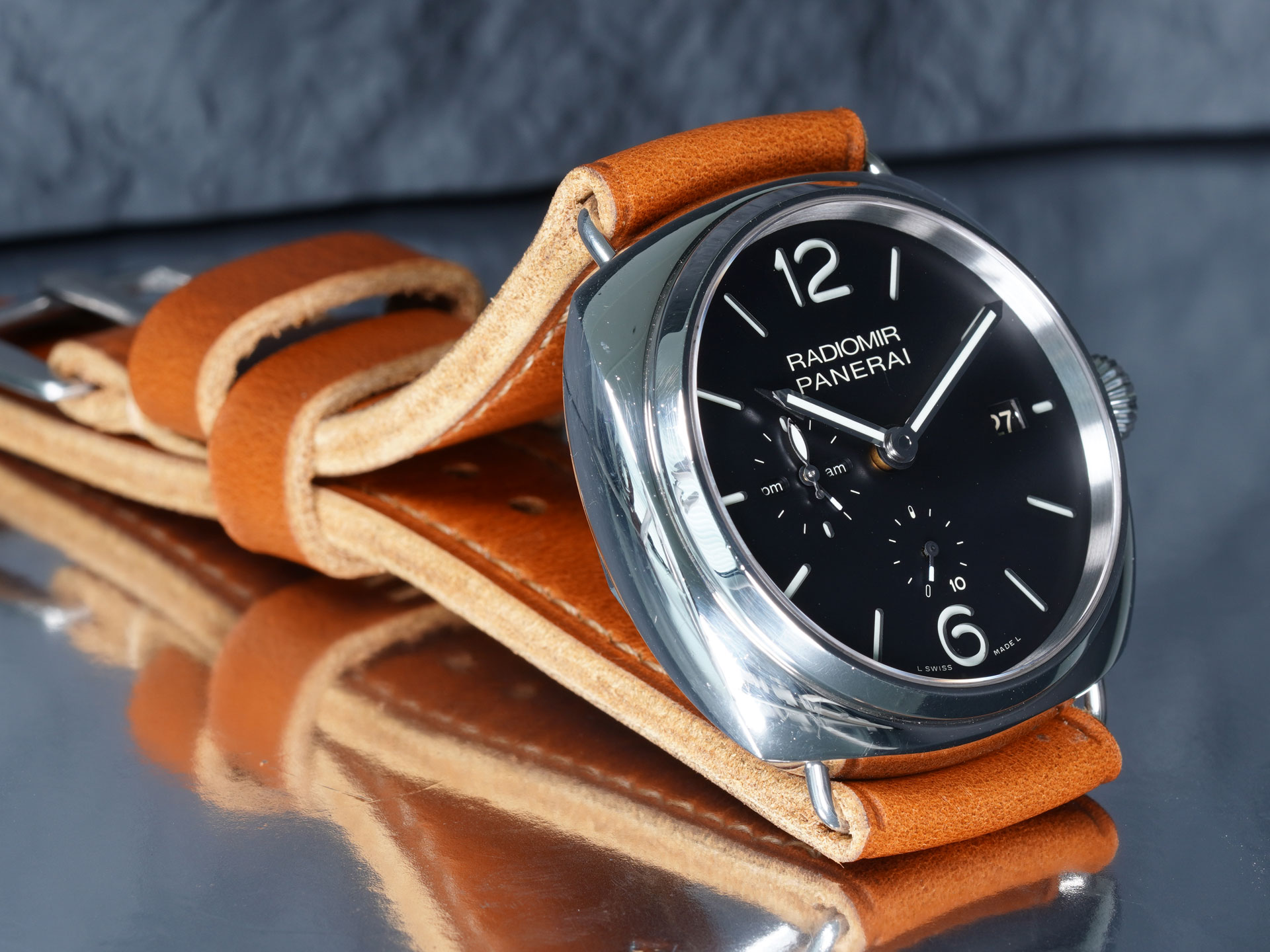 Wrist shot of the thick tan Radiomir strap, handcrafted by Marcello Straps