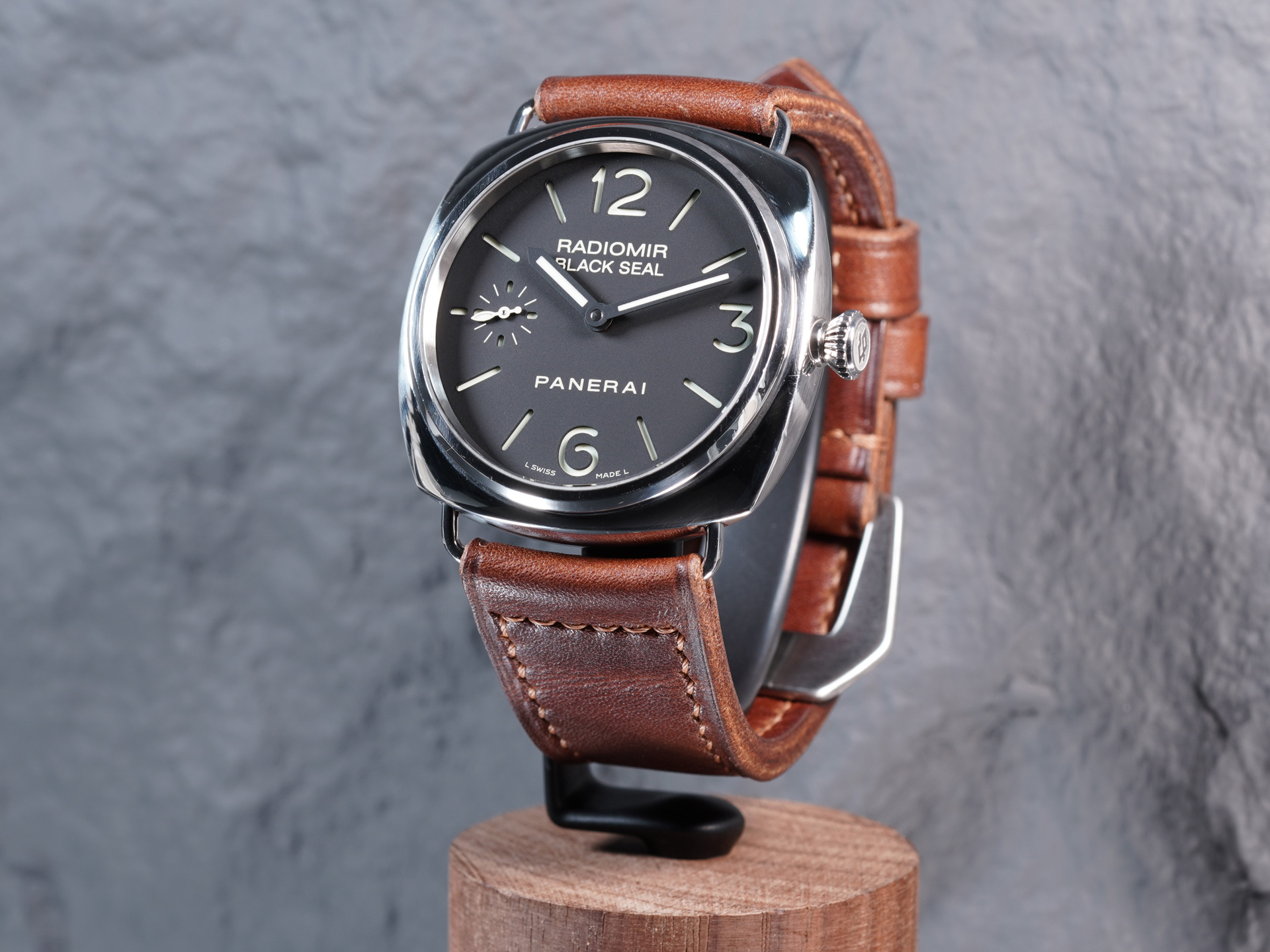 Panerai PAM00183 Black Seal watch paired with a handmade dark walnut brown leather strap and vintage buckle.