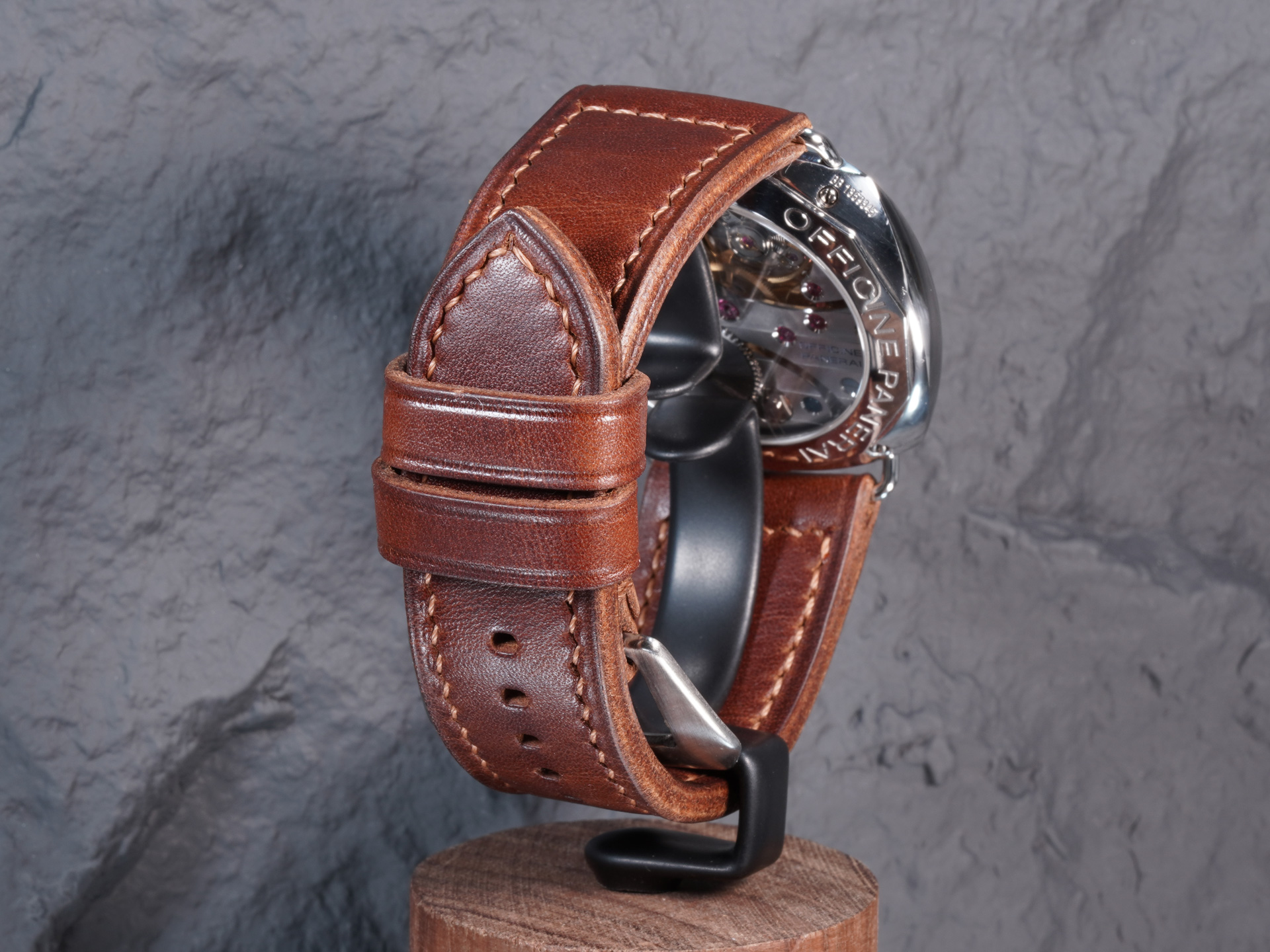 Vintage sewn-in buckle detail on a handmade dark brown Panerai Radiomir strap for PAM00183 Black Seal.