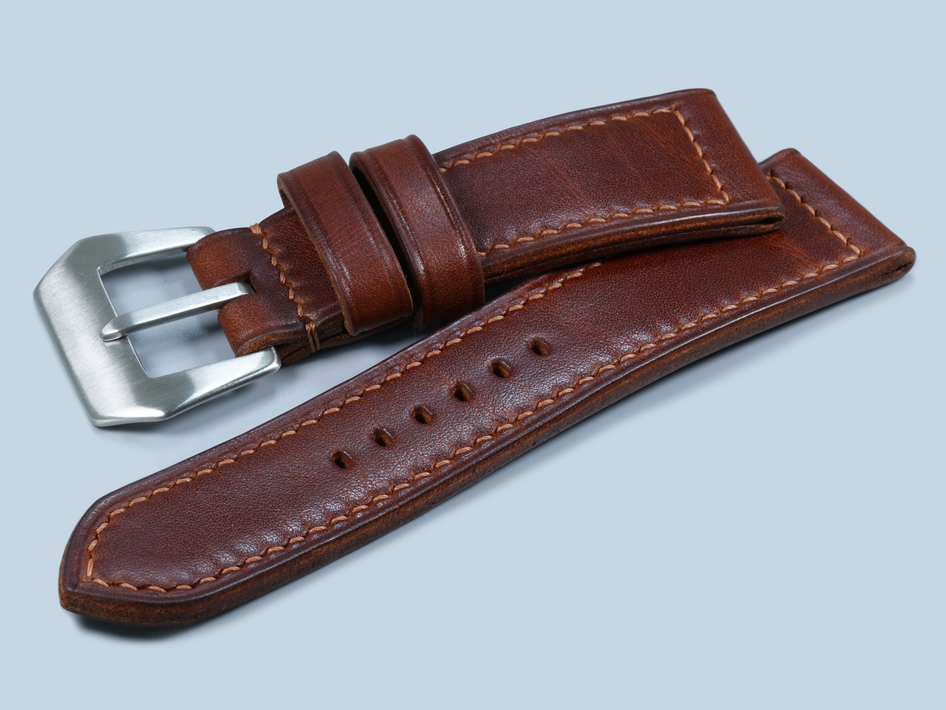 Custom handmade dark brown leather strap pairing with a Panerai Black Seal Radiomir PAM00183 wire lug watch.