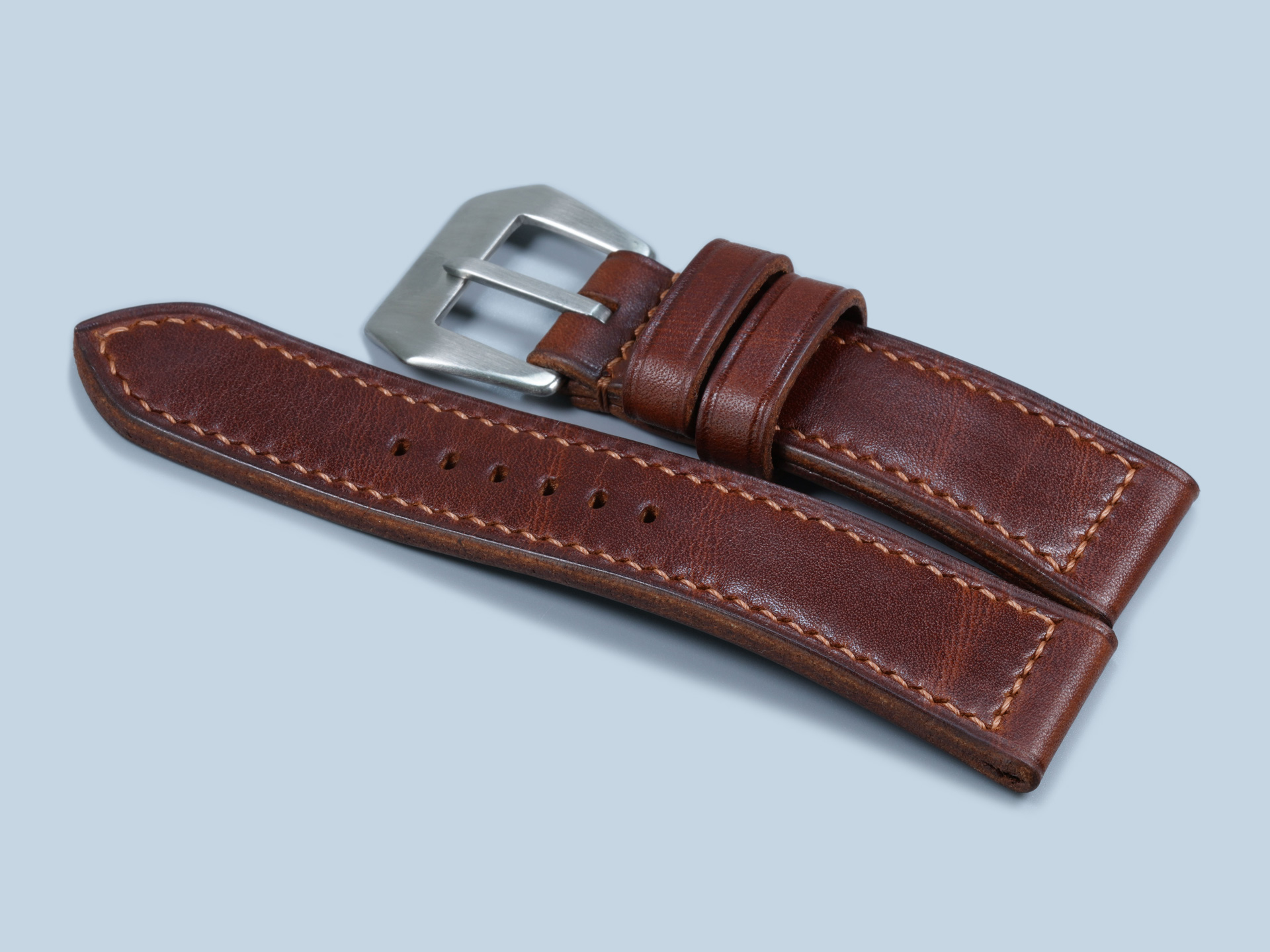 Vintage buckle on a handmade dark brown leather strap designed for the Panerai Radiomir PAM00183 Black Seal.