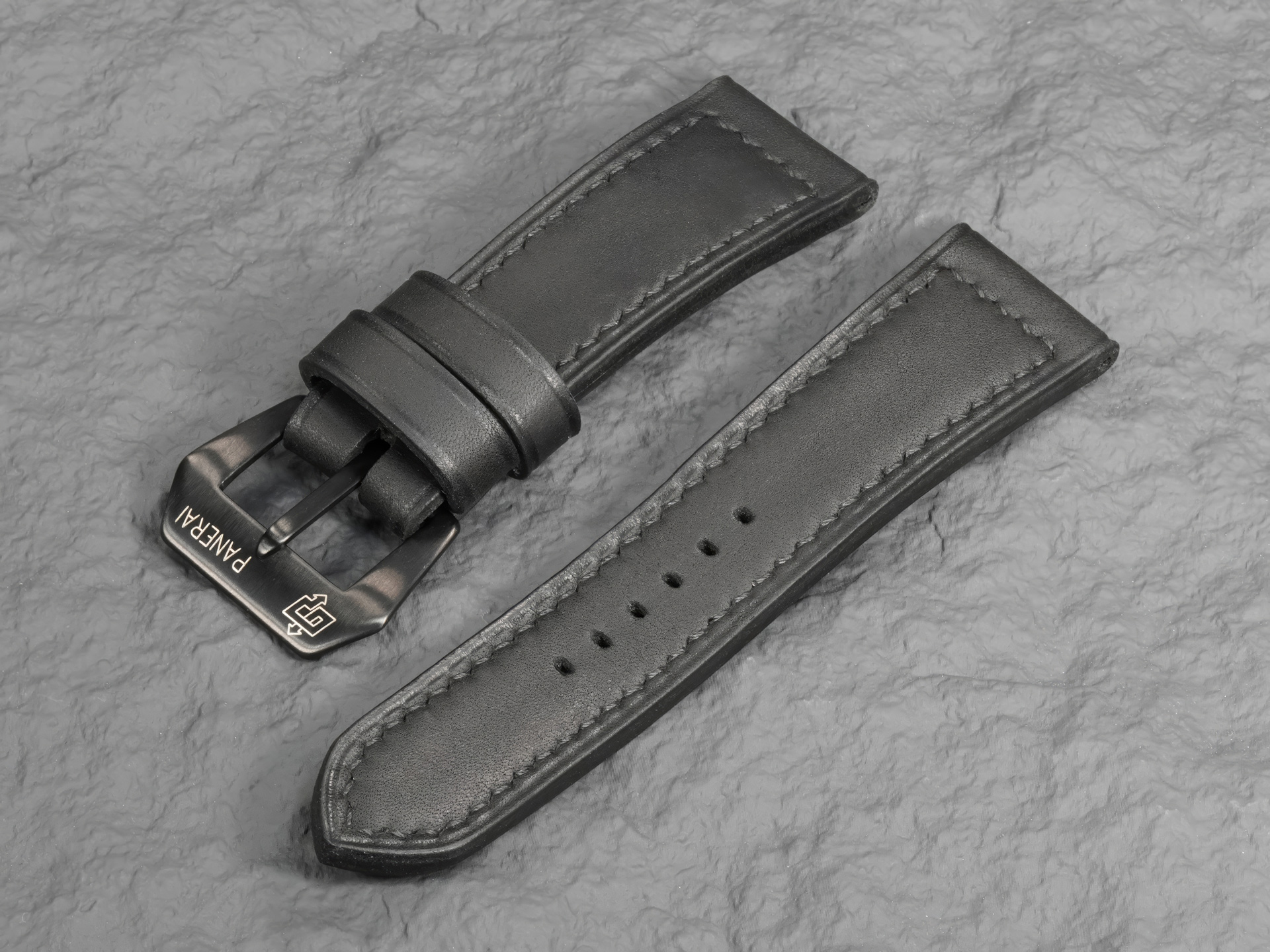 Matte black Panerai strap with traditional boxed black stitching for PAM 384 and PAM 577.