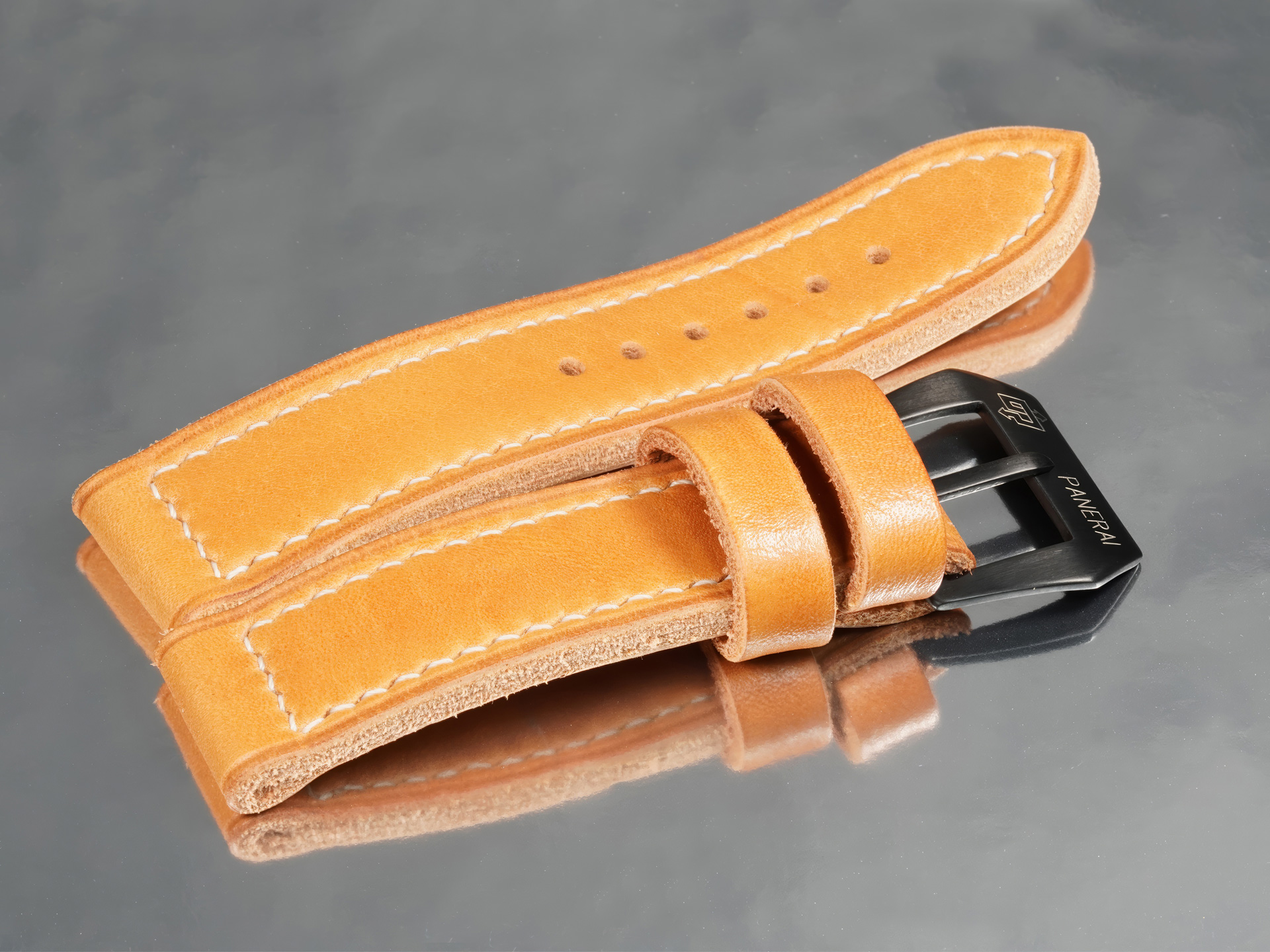 Orange tan leather watch strap handcrafted by Marcello Straps for Panerai PAM05218 with black buckle