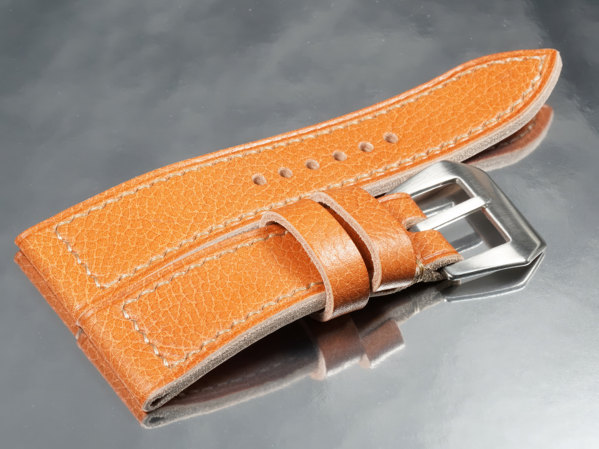 Tan custom Panerai Radiomir strap handmade thick leather mounted on cushion case from Marcello Straps