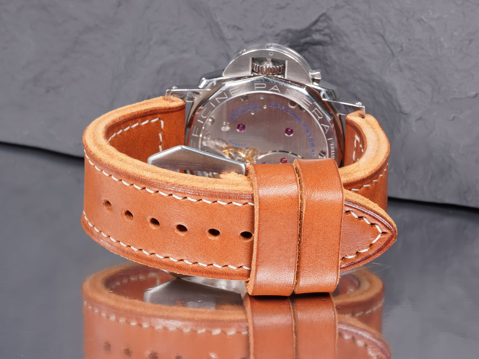 Handcrafted 6.4mm thick Panerai strap in tan Italian bull hide with sewn-in flat GPF buckle.