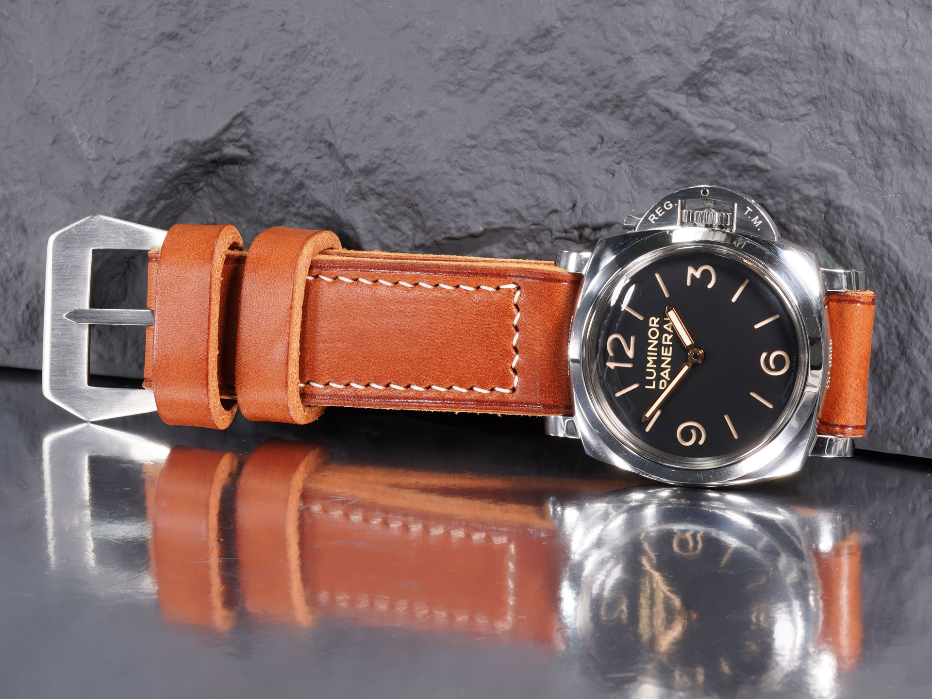 Flat GPF style sewn-in buckle on a 26mm thick Panerai strap by Marcello Straps.