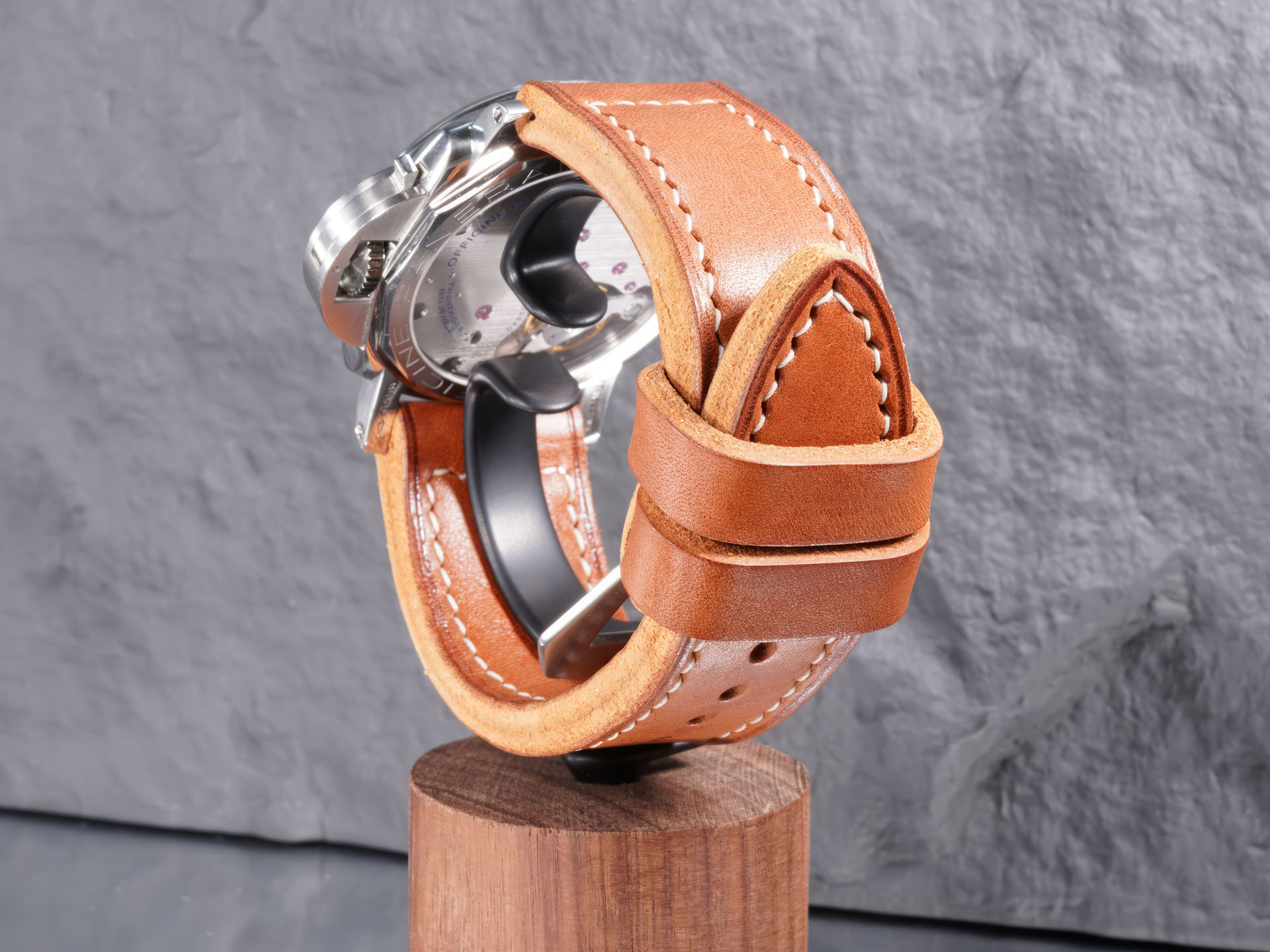 Super thick Panerai strap 6.4mm tan leather mounted on a 47mm Panerai watch case.