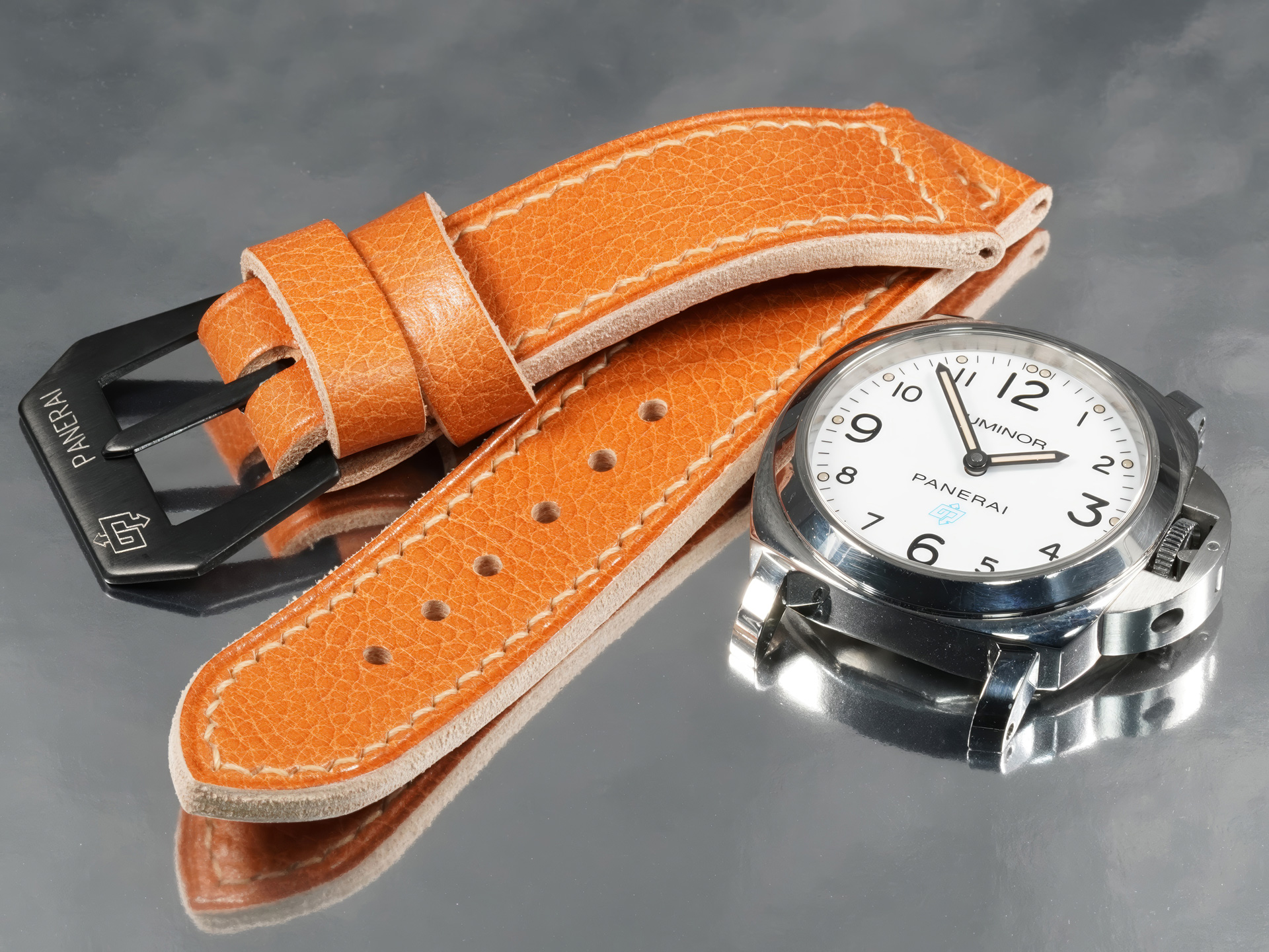 PAM05218 tan leather strap handcrafted for Panerai Luminor 44mm with black buckle by Marcello Straps