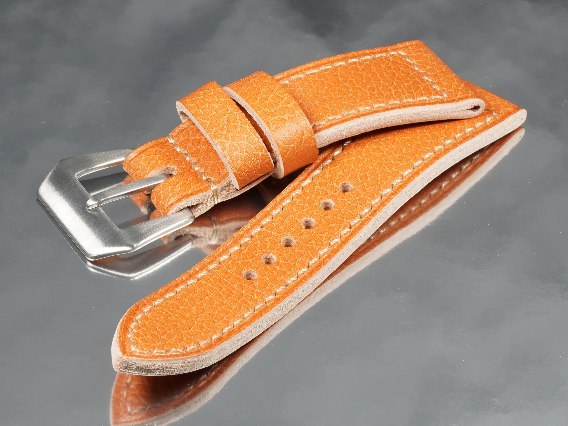 Handmade thick tan custom Panerai Radiomir strap with sewn-in brushed stainless steel buckle