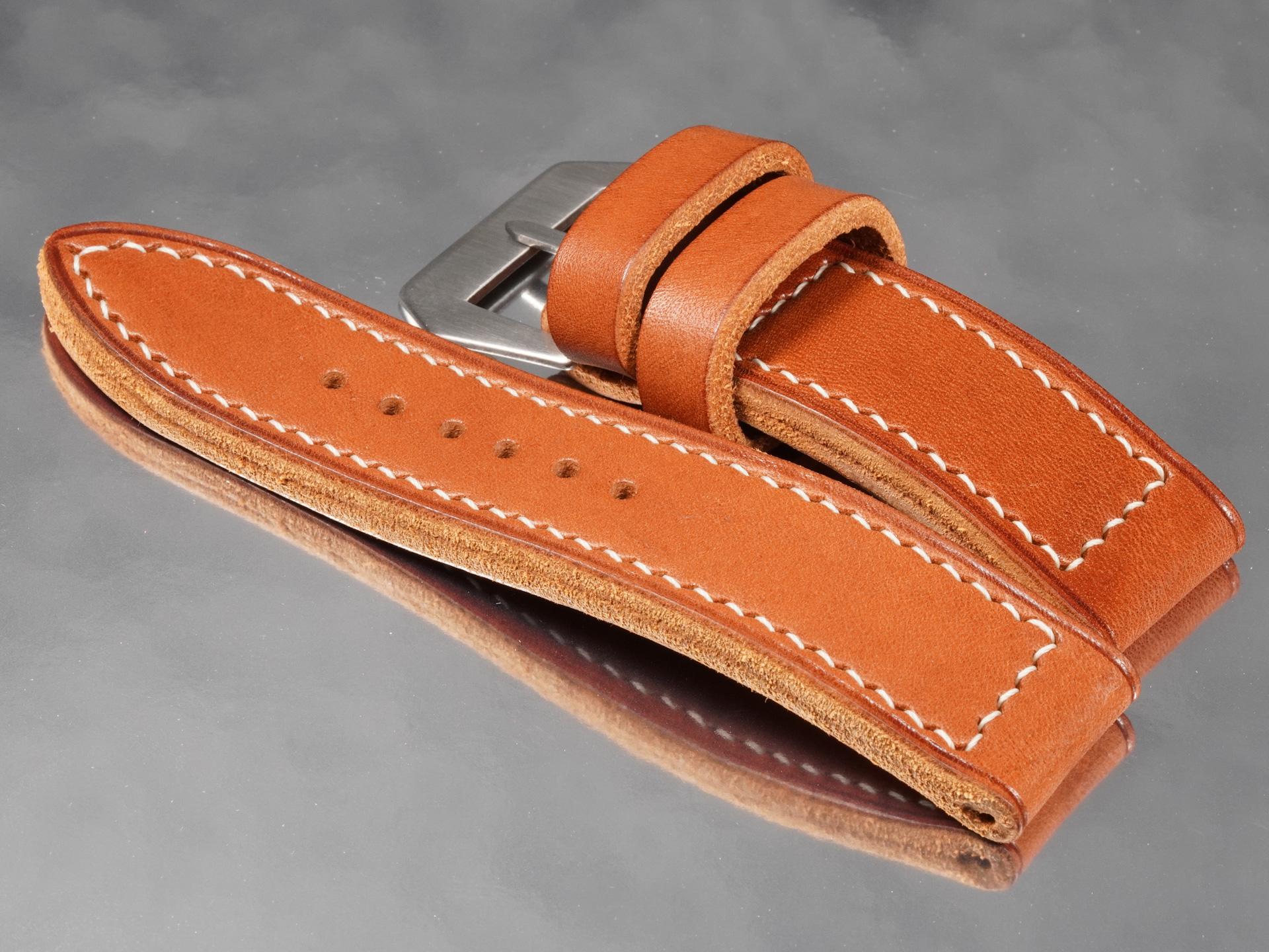 GPF-56 handmade Panerai strap showing non-tapered 26/26mm profile and brushed stainless buckle