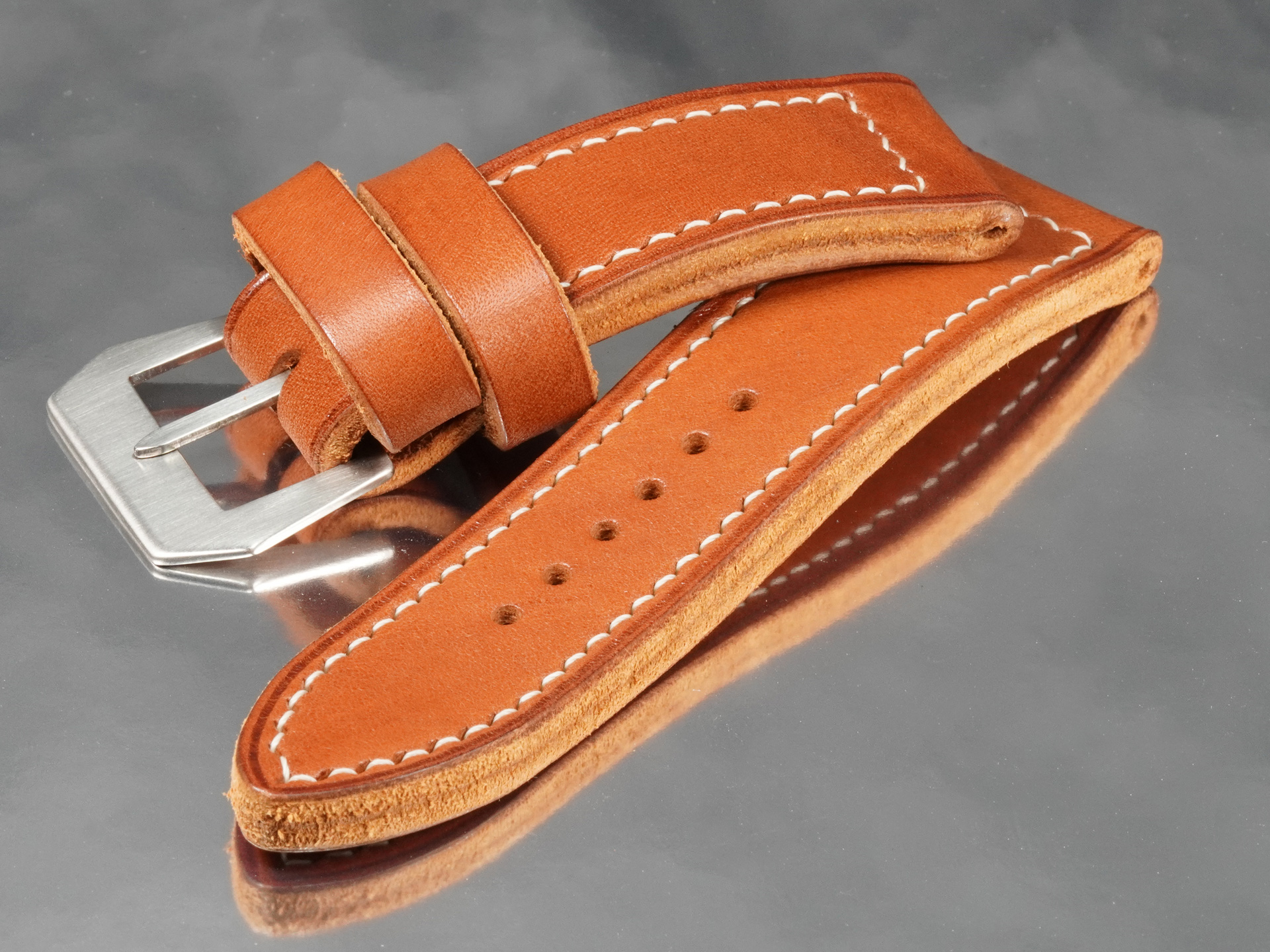 Brushed steel GPF-56 flat buckle sewn directly into a custom thick Panerai strap