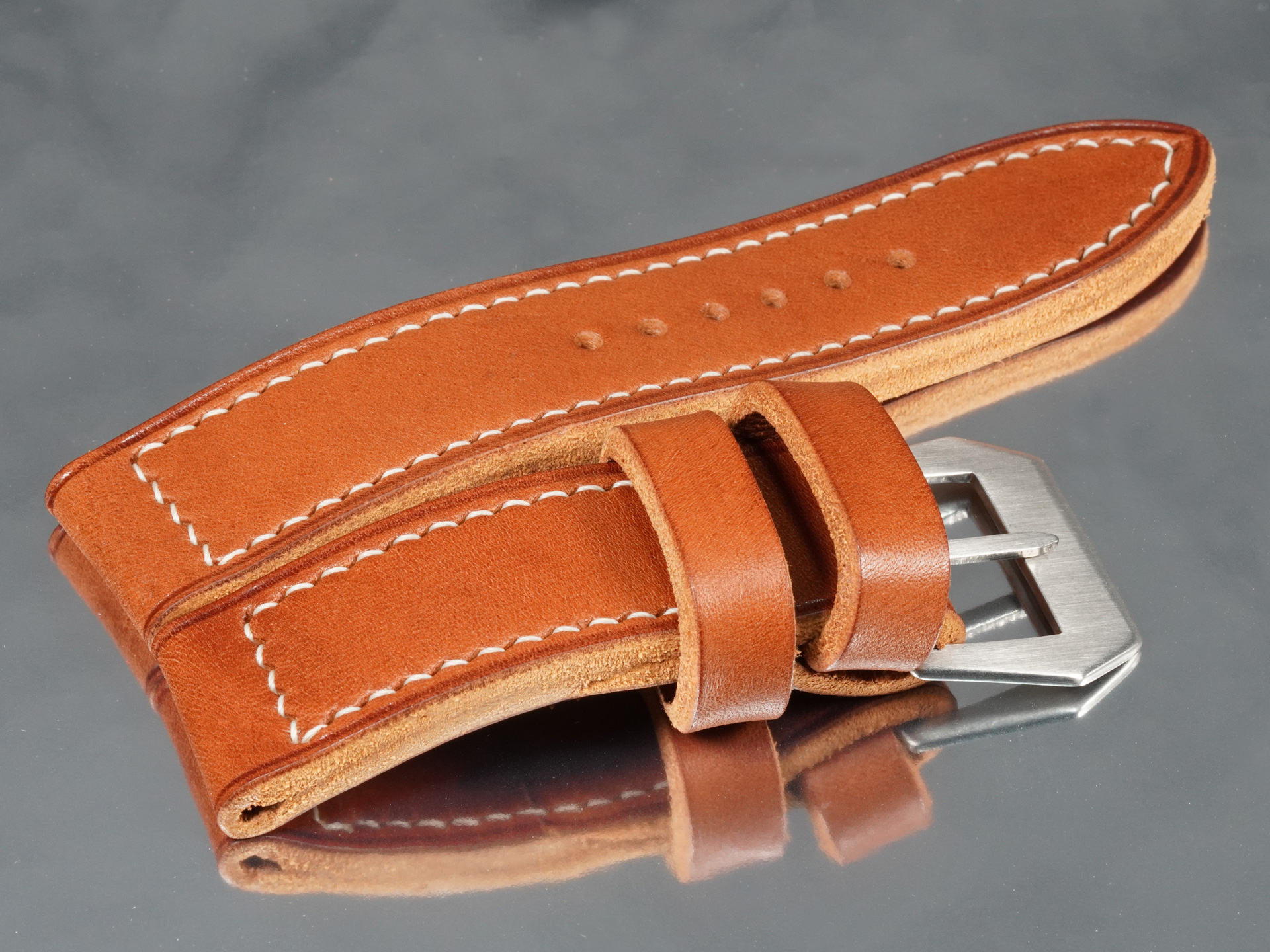Side profile view of supple 5mm thick Panerai strap showing dense multi-layer leather build