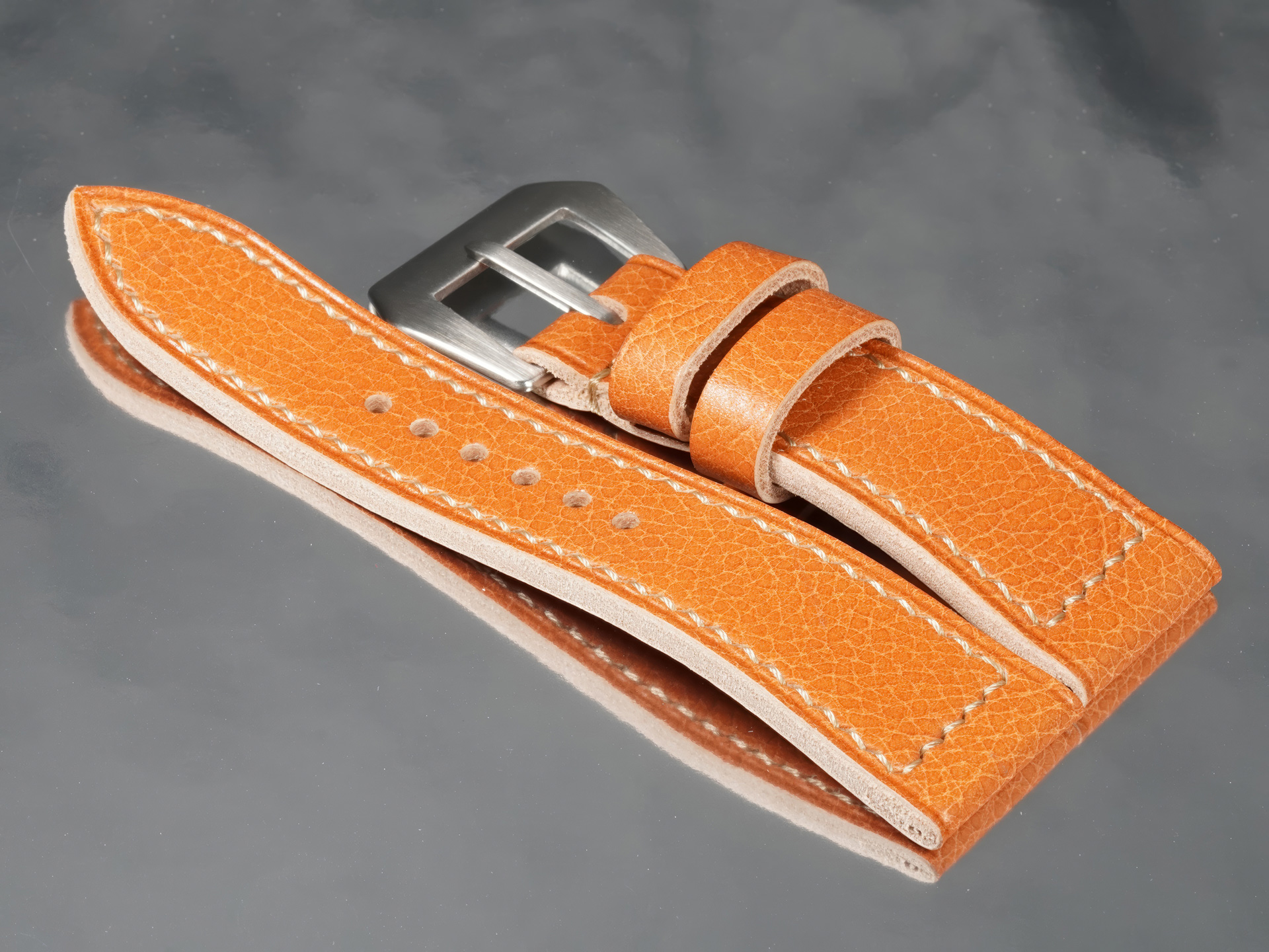 Profile thickness of 4.5mm tan custom Panerai Radiomir strap handmade by Marcello Straps