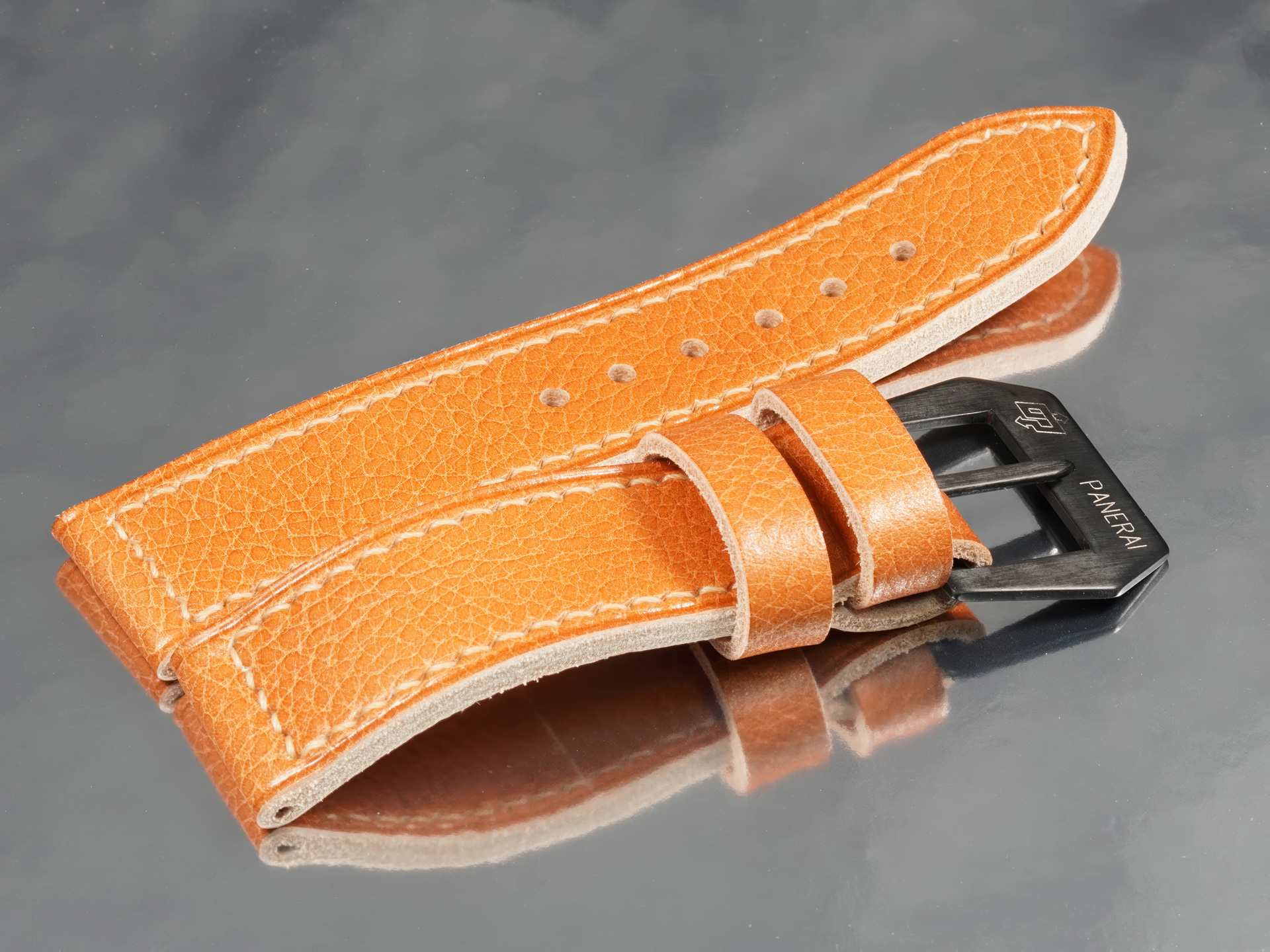 Handcrafted bespoke tan leather strap featuring black buckle for Panerai PAM05218 44mm case