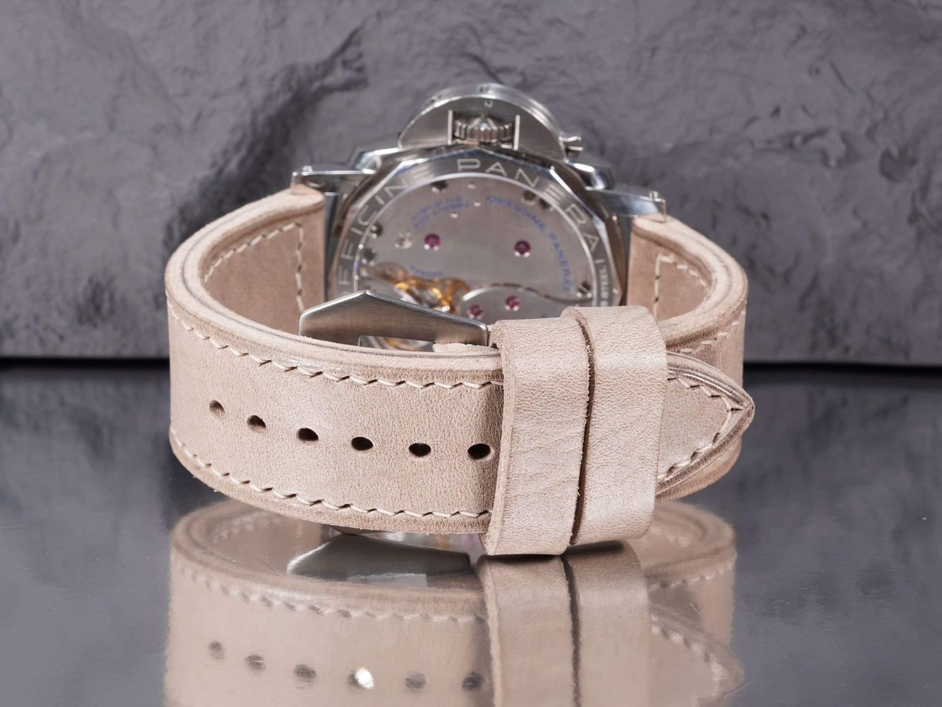 Distressed vintage thick grey Panerai strap on 47mm Luminor Submersible.