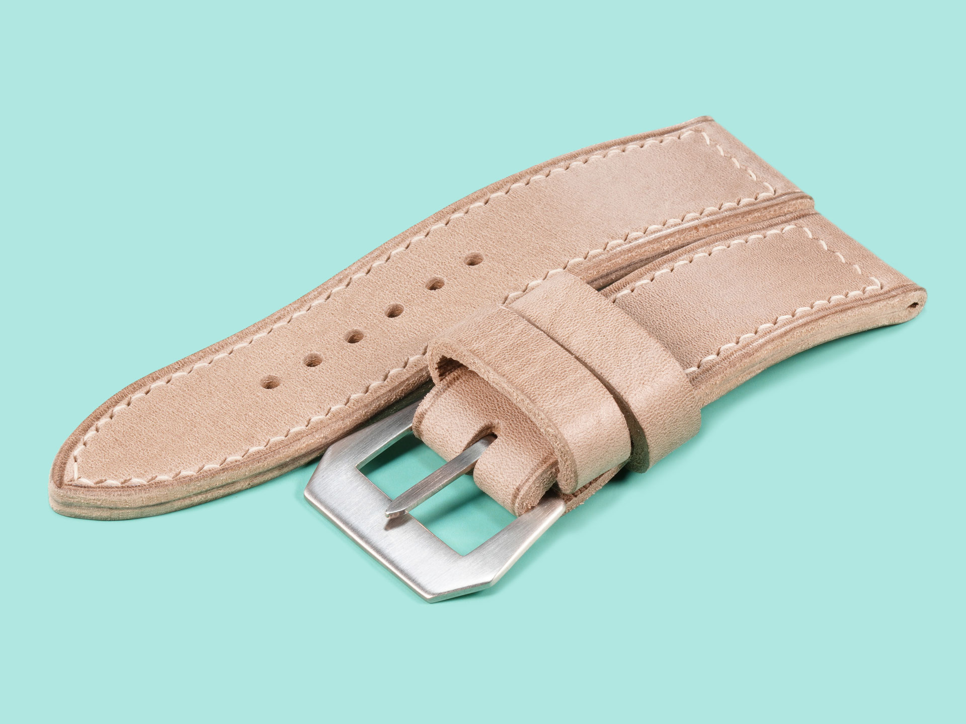 Box-stitched 26mm thick grey Panerai Luminor strap with cream thread.