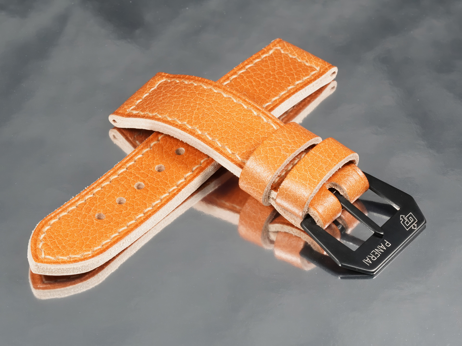 Marcello Straps handcrafted tan leather band with black buckle for Panerai PAM05218 Luminor