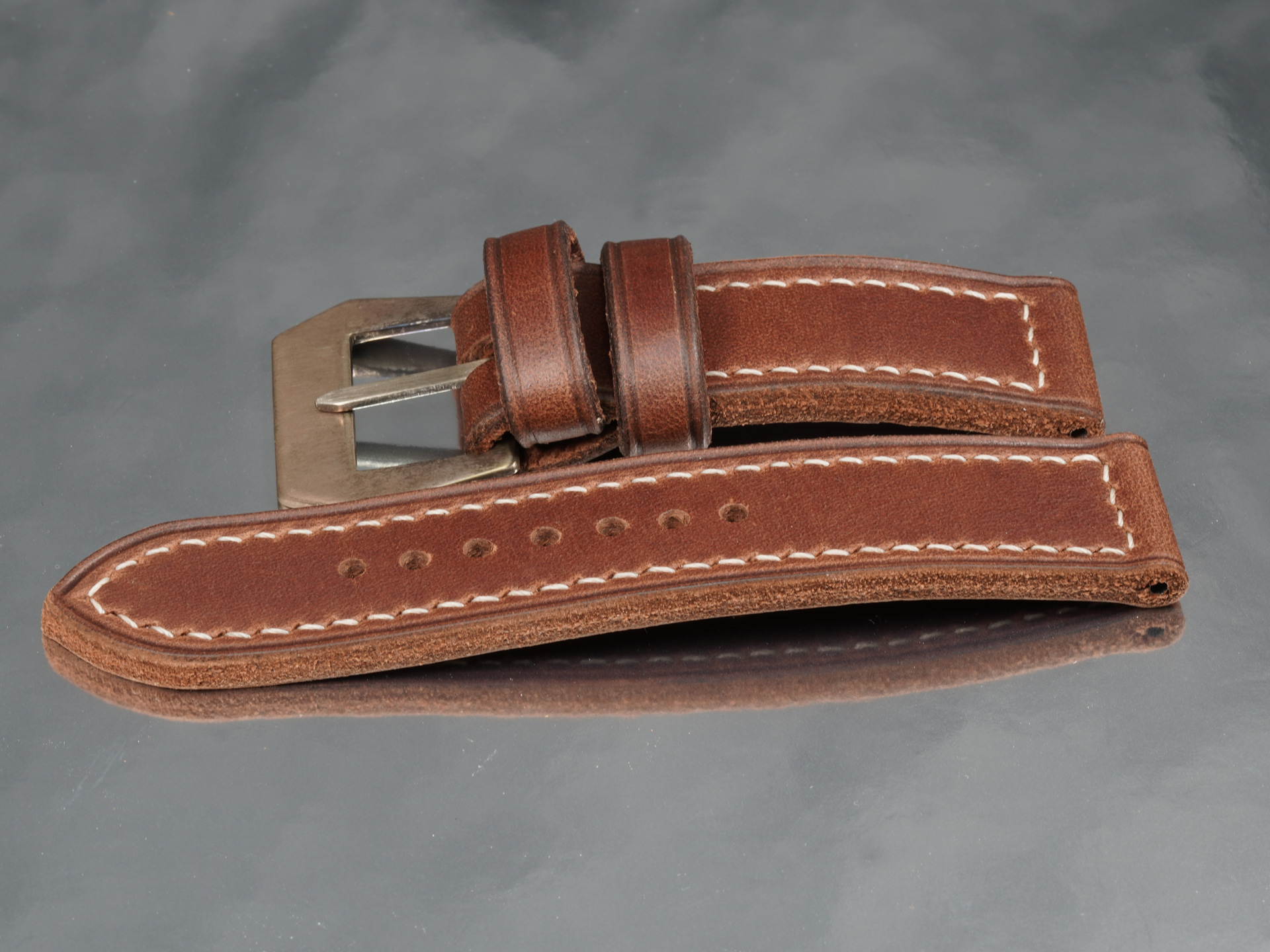 24mm rust brown Panerai strap handcrafted with sewn in aged pin buckle