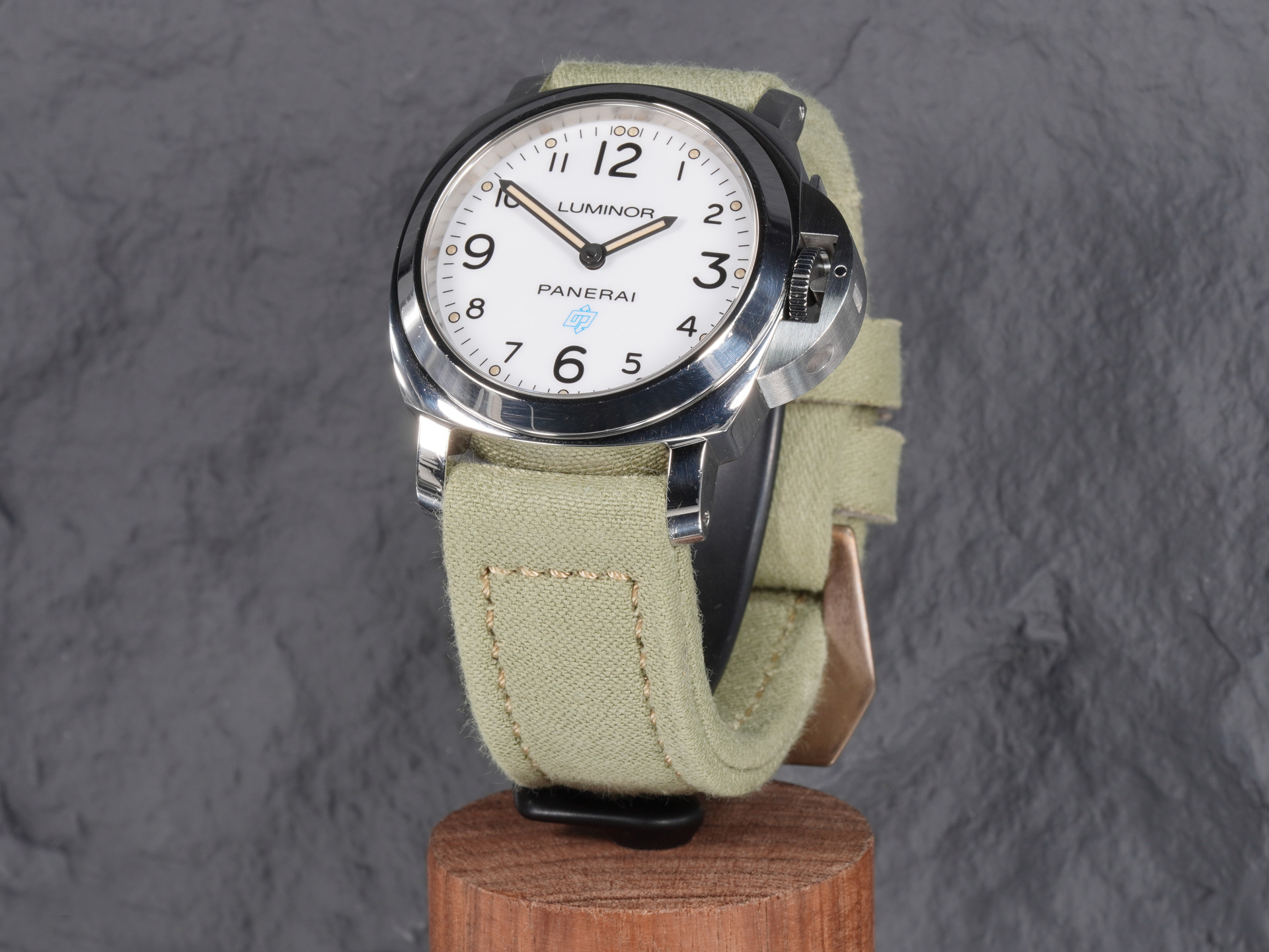 Handcrafted light green canvas strap 44mm mounted on Panerai PAM00775
