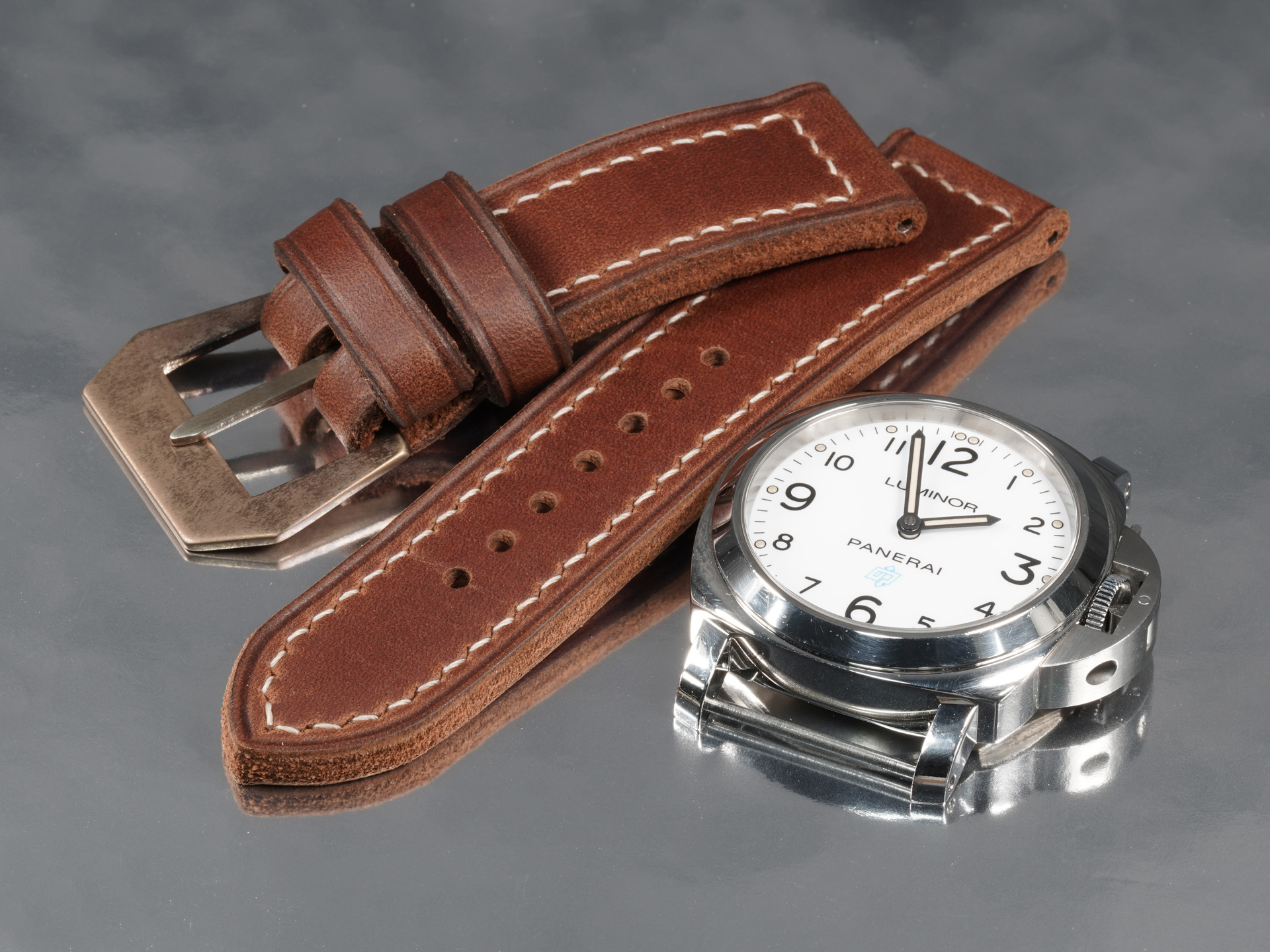 Rust brown leather watch strap 24mm with aged buckle sewn into place