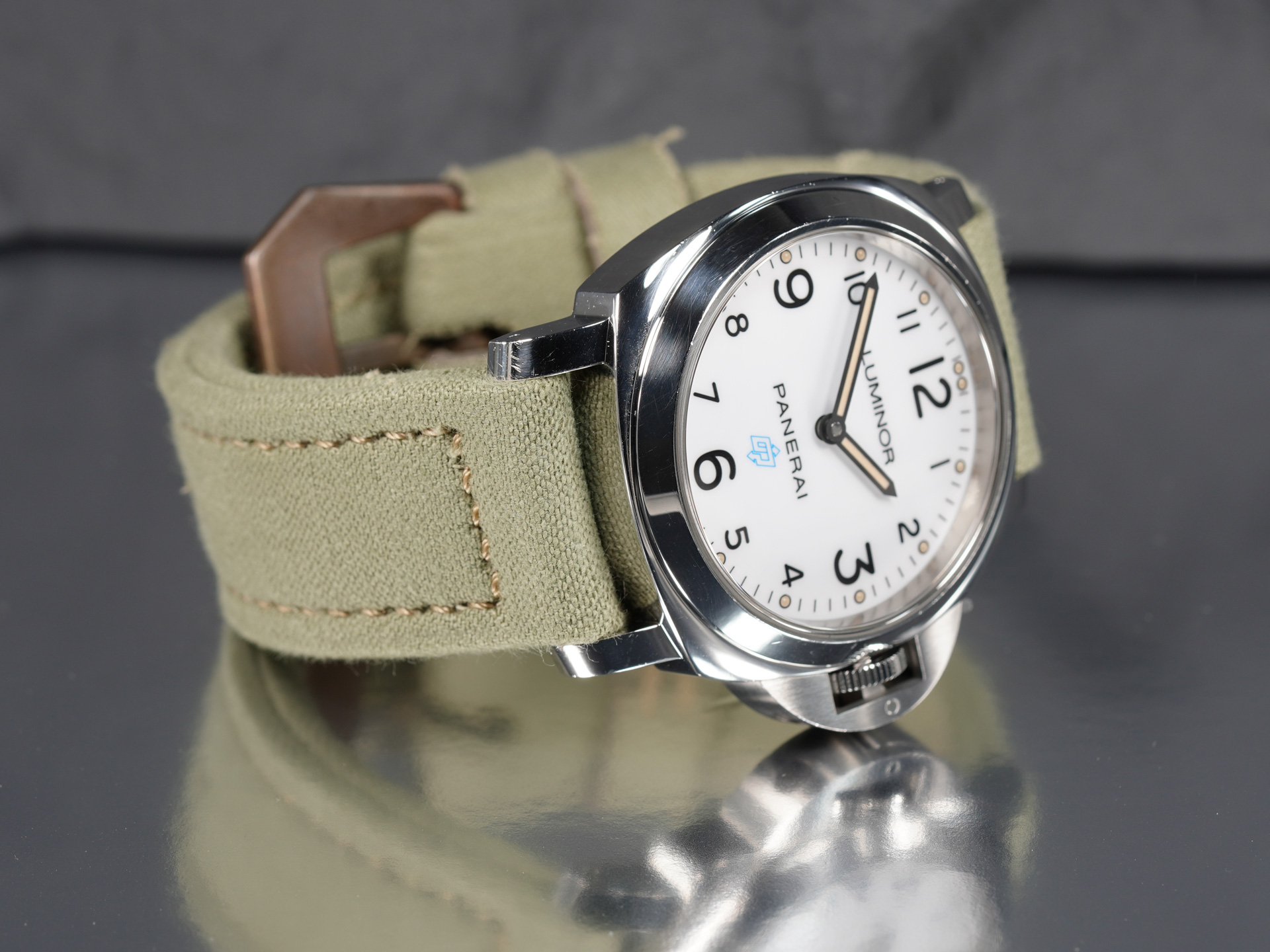 Panerai Luminor Base Logo PAM00775 on bespoke light green canvas strap by Marcello Straps